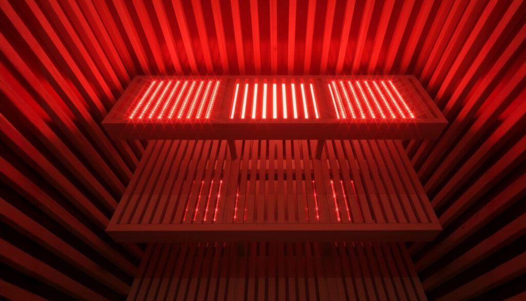 Bench-integrated 660nm red and 850nm near-infrared panels in SaunaCloud sauna at clinical proximity